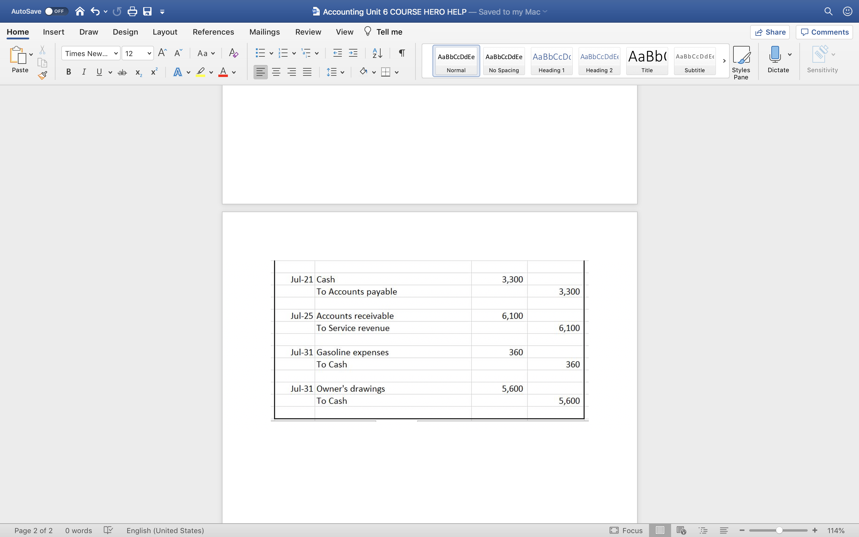 I need help making a July Transactions chart with the information provided.July