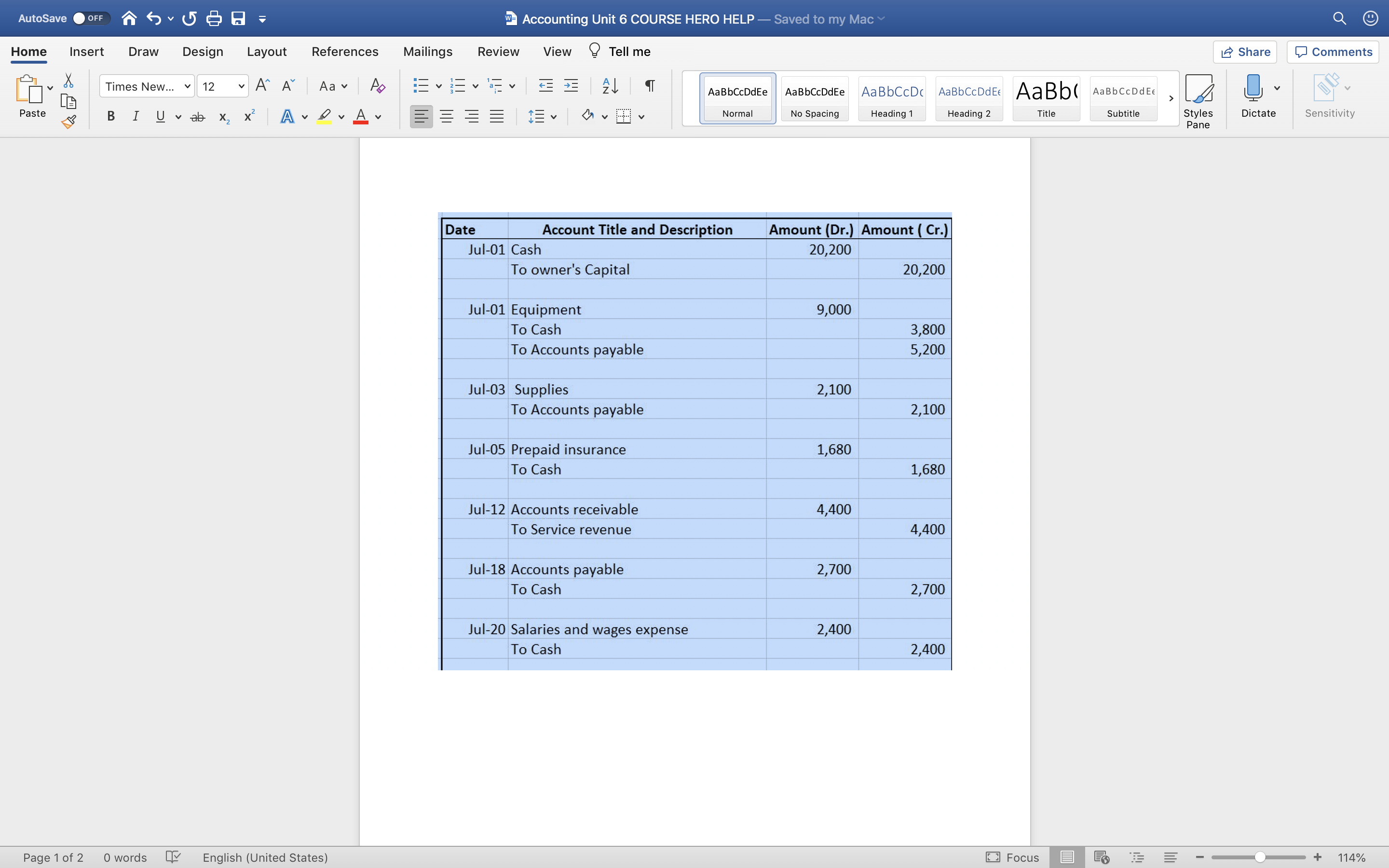 transactions chart includes Cash, Accounts Receivable,Supplies,Prepaid Insurance, Equipment, Accounts Payable,Owner's Capital,Owner's Drawings,