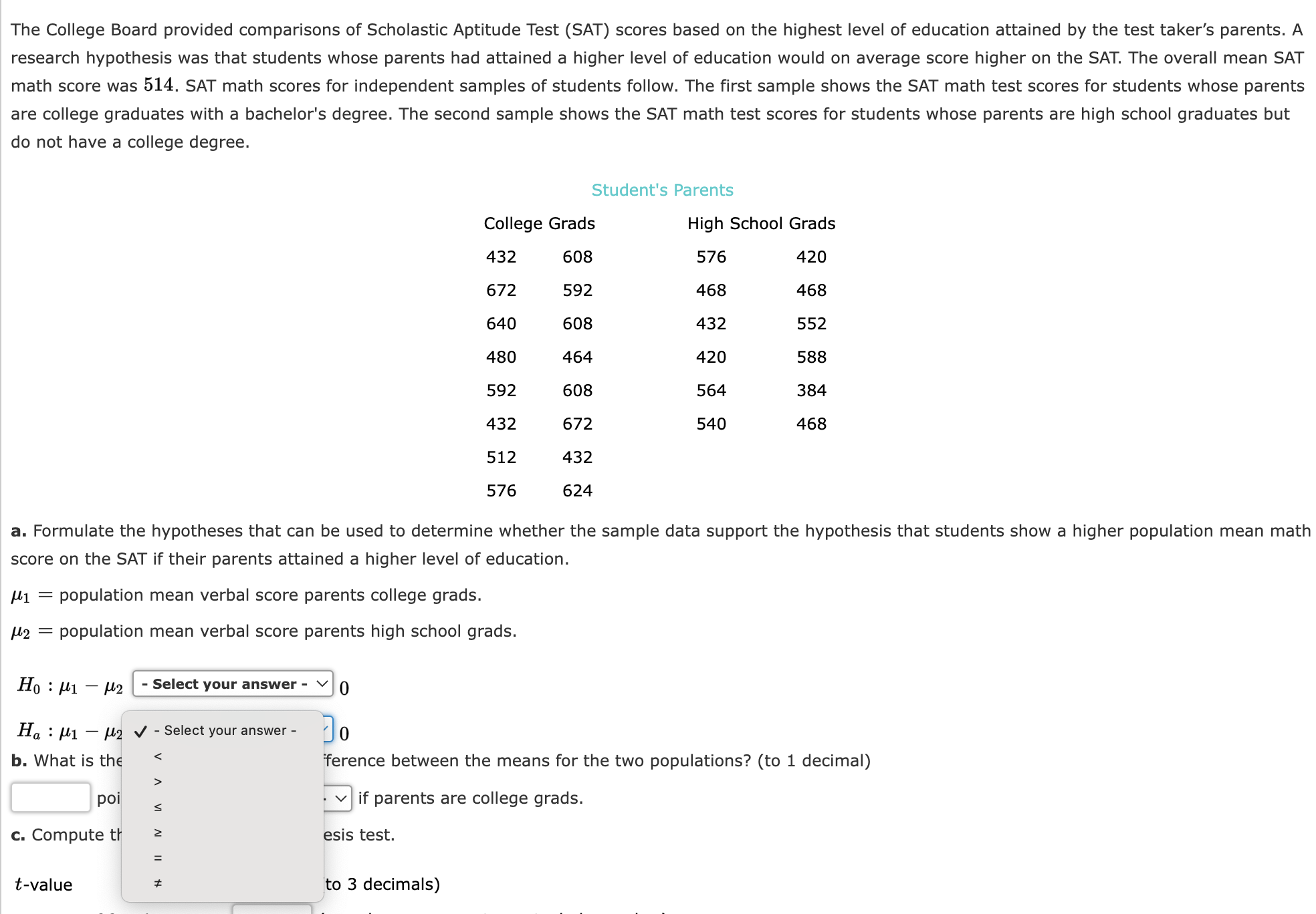 the difference between the two population means (to 1 decimal and enter