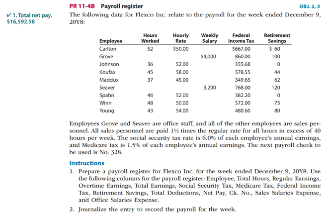 PR 11-48 Payroll register OBJ. 2,3 1. Total net pay, The