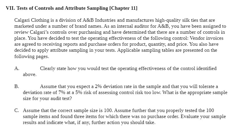  VII. Tests of Controls and Attribute Sampling [Chapter 11] Calgari Clothing