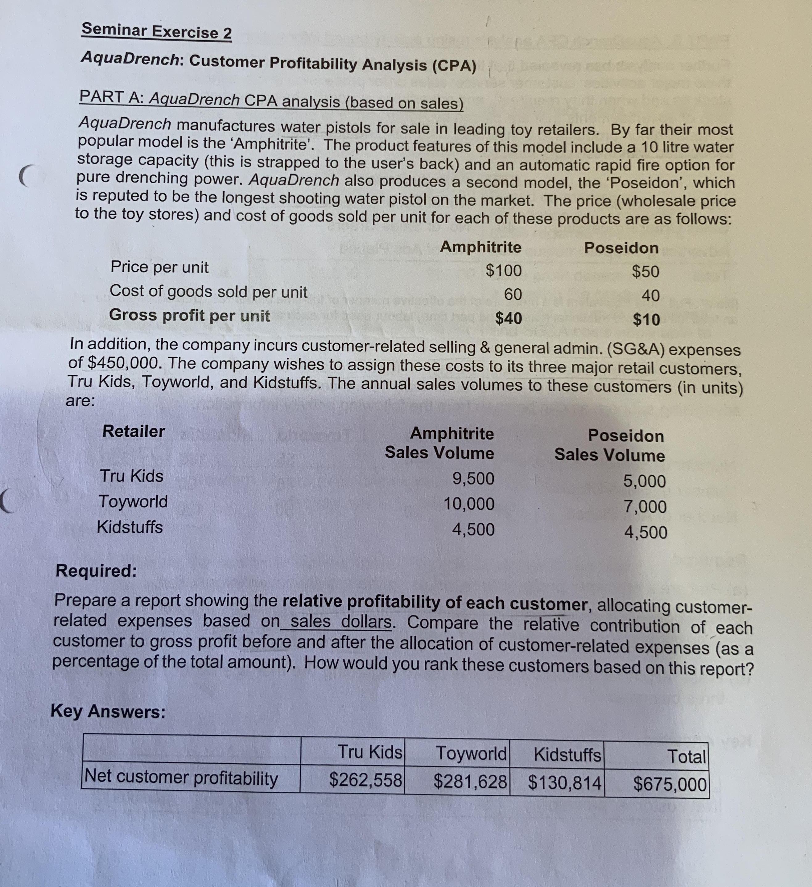  Seminar Exercise 2 AquaDrench: Customer Profitability Analysis (CPA) PART A: AquaDrench