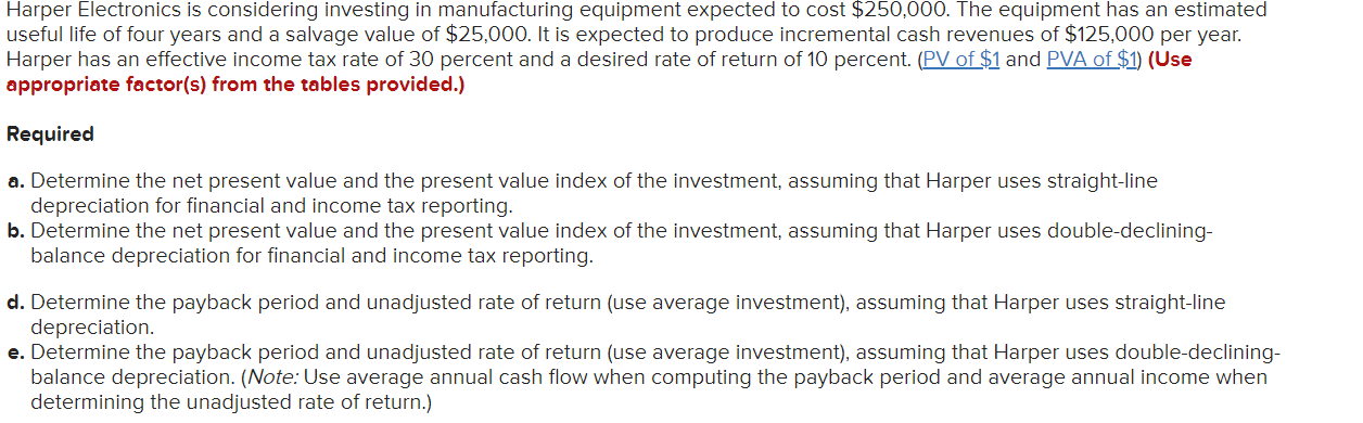 unadjusted rate of return (use average investment), assuming that Harper uses straight-