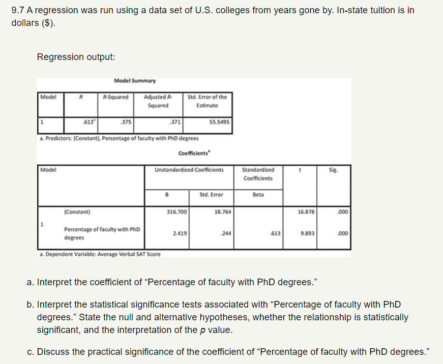 9.7 A regression was run using a data set of IJ.S. colleges
