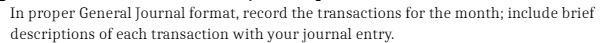 In proper General Journal format, record the transactions for the month;