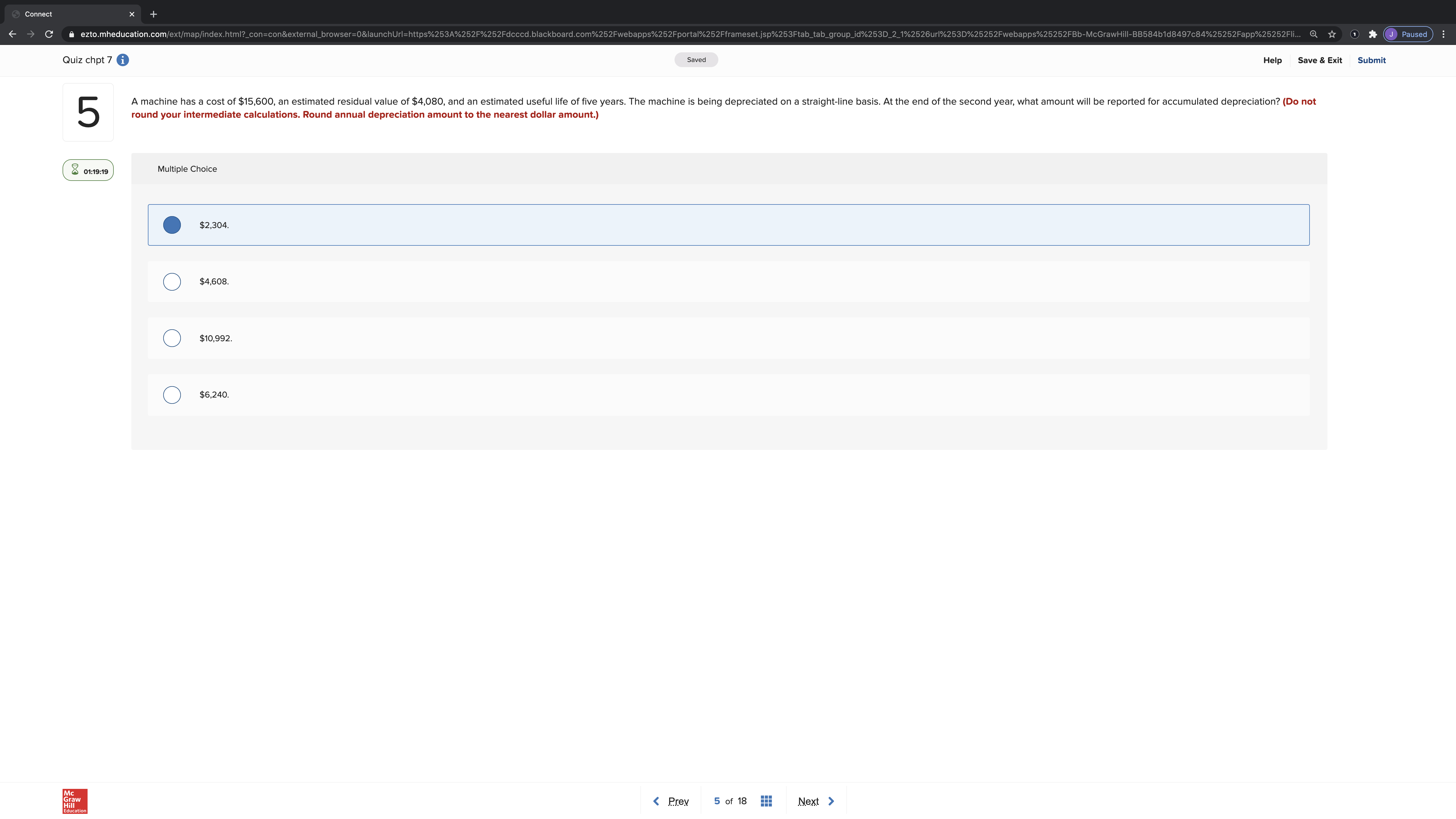 C ezto.mheducation.com/ext/map/index.html?_con=con&external_browser=0&launchUrl=https%253A%252F%252Fdcccd.blackboard.com%252Fwebapps%252Fportal%252Fframeset.jsp%253Ftab_tab_group_id%253D_2_1%2526url%2530%25252Fwebapps%25252FBb-McGrawHill-BB584b1d8497c84%25252Fapp%25252Fli... @ J Paused ) : Quiz chpt 7 i Saved