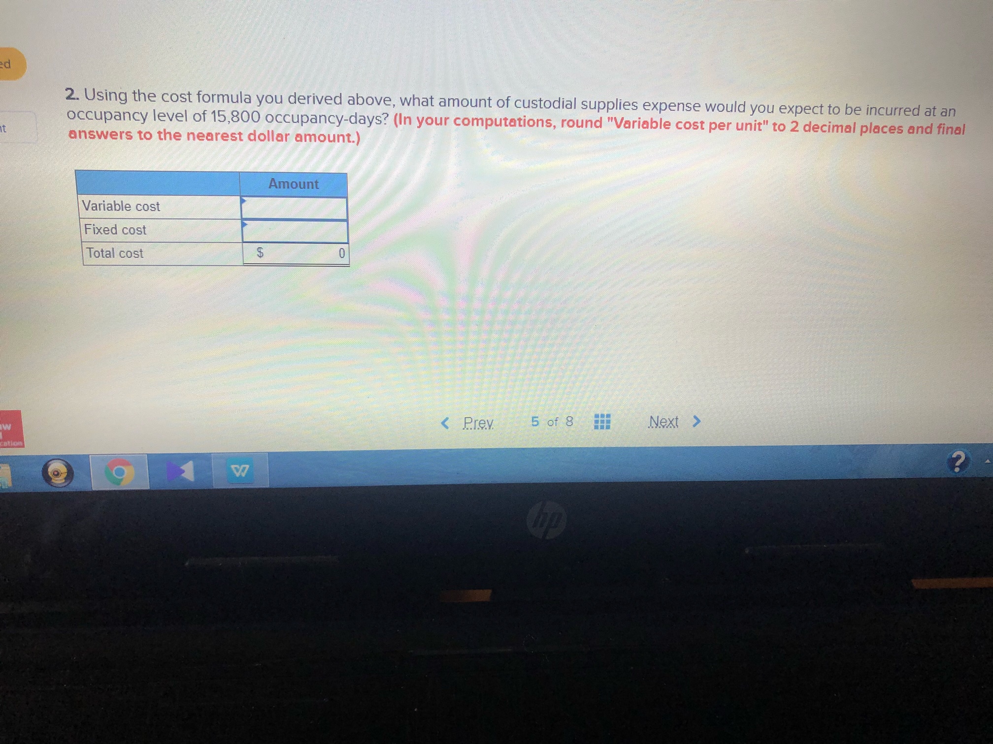 Lakeshore Hotel's occupancy-days and custodial supplies expense over the last seven months