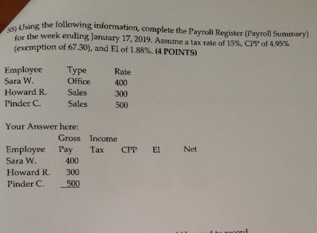 complete the payroll register 45) Using the following information, complete the Payroll