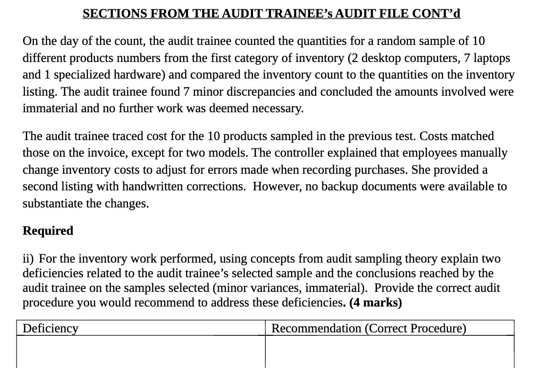  SECTIONS FROM THE AUDIT TRAINEE'S AUDIT FILE CONT'd 0n the day