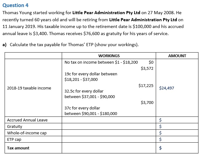Question 4 Thomas Young started working for Little Pear Administration Pty