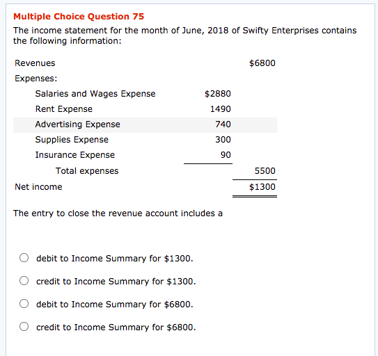 Multiple Choice Question 75 Multiple Choice Question 75 The income statement for