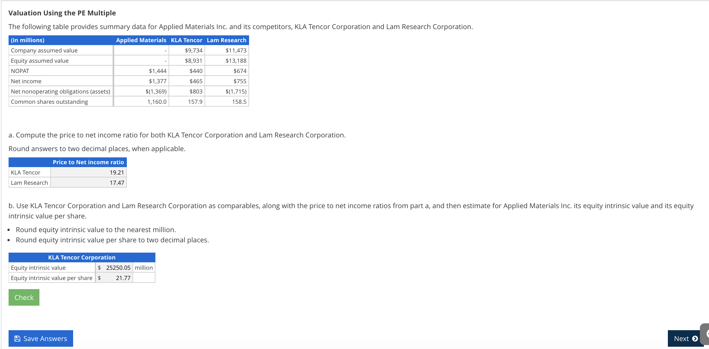 Answer all fill in's Valuation Using the PE Multiple The following table