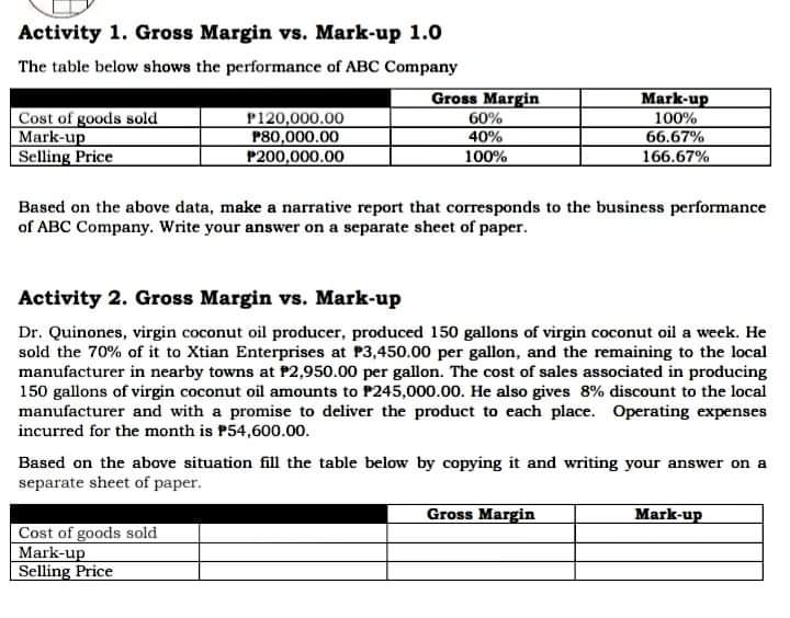 Activity 1. Gross Margin vs. Mark-up 1.0 The table below shows