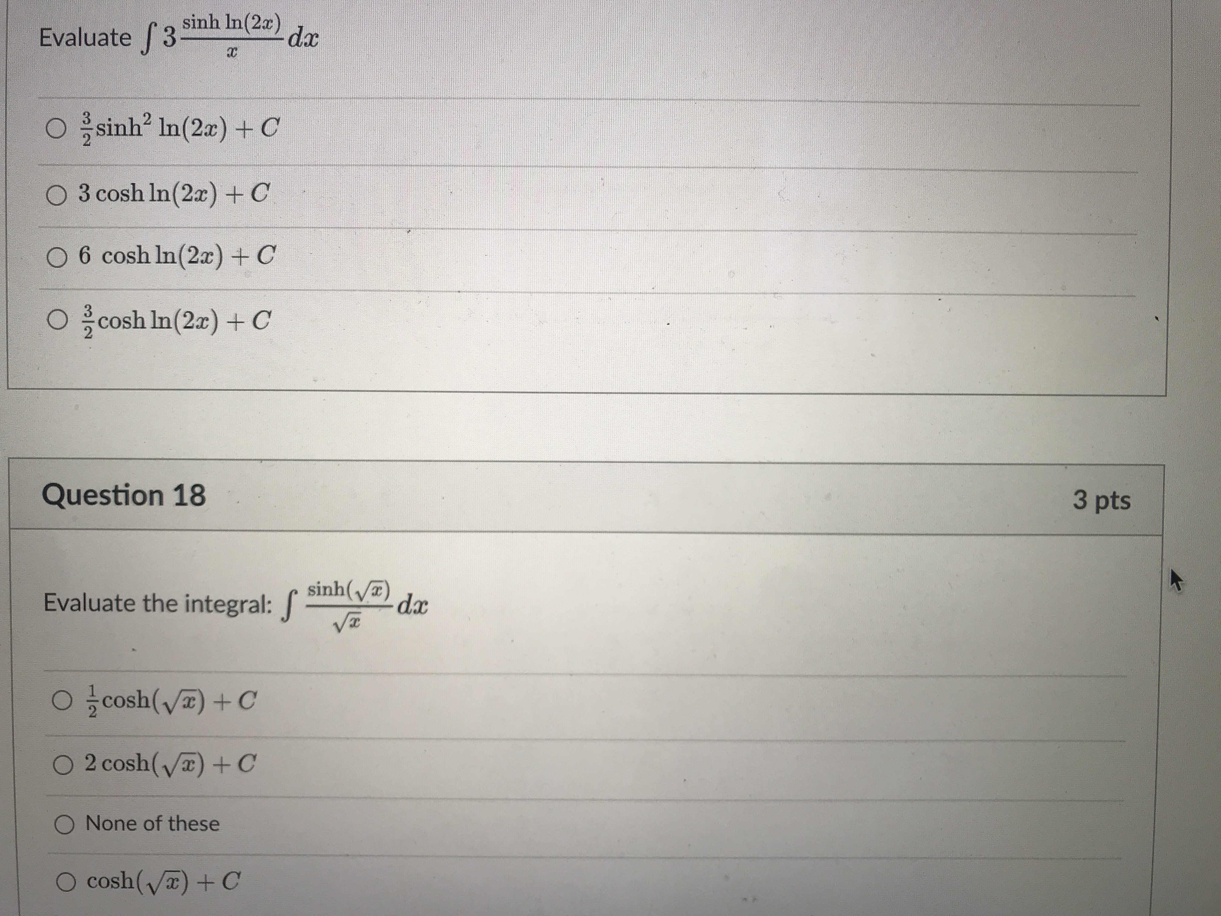 Evaluate 3- sinh In(2x) -dx O ; sinh In(2x) + C