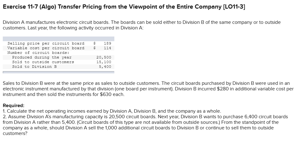 Exercise 110 (Algo) Transfer Pricing from the Viewpoint of the Entire Company