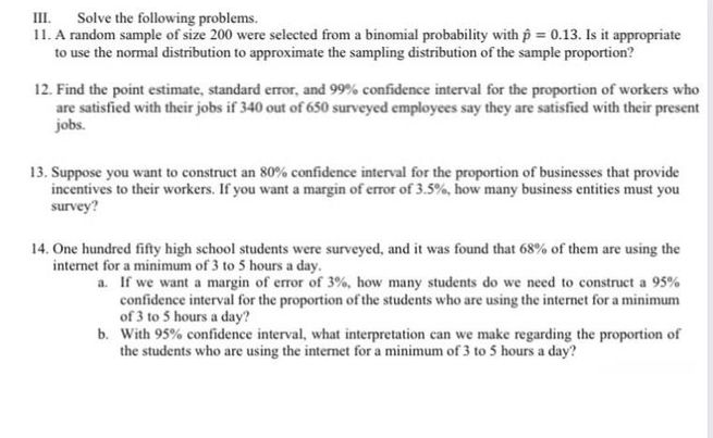  III. Solve the following problems. 1 1. A random sample of