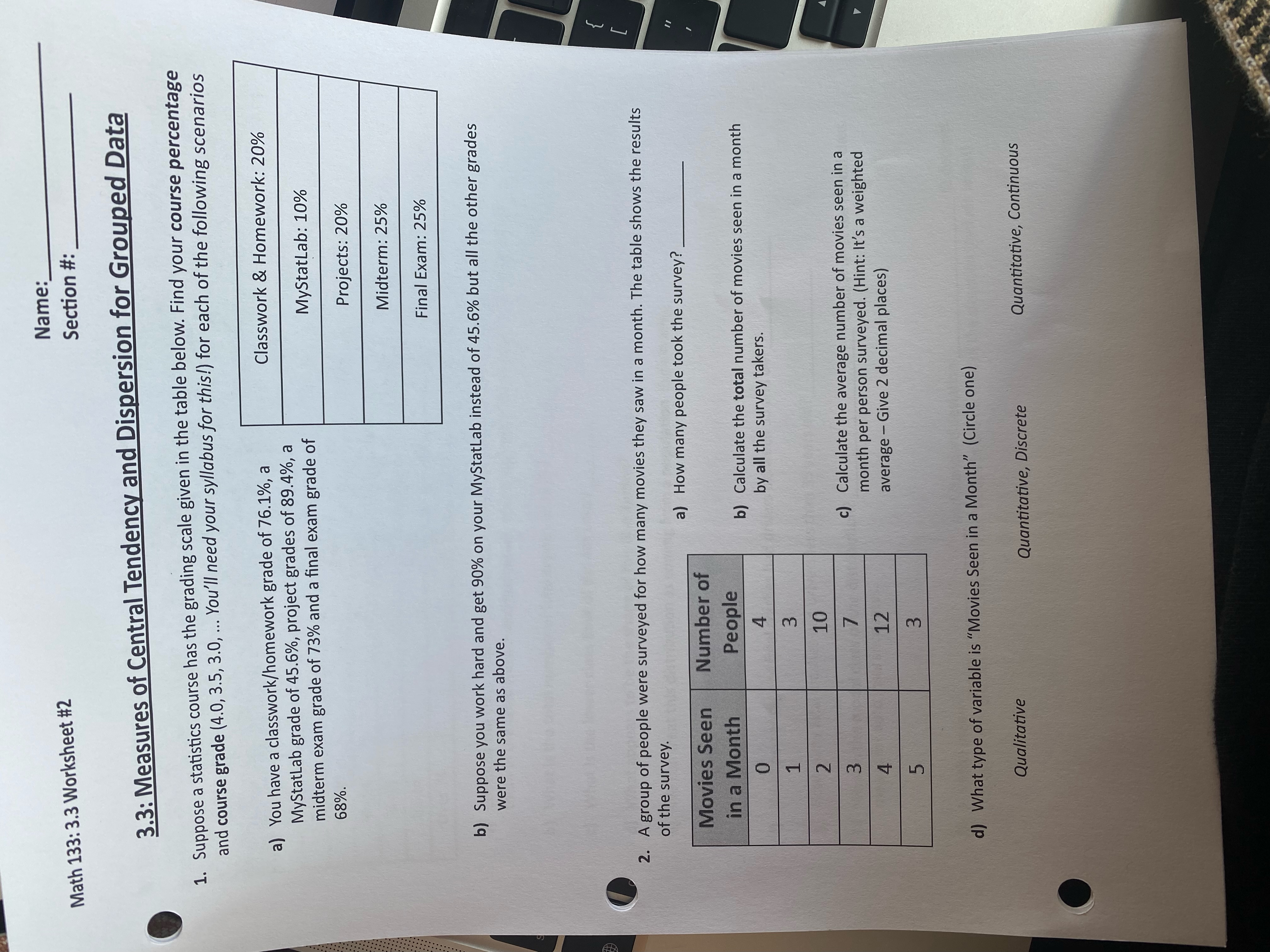 Name: Math 133: 3.3 Worksheet #2 Section #: 3.3: Measures of