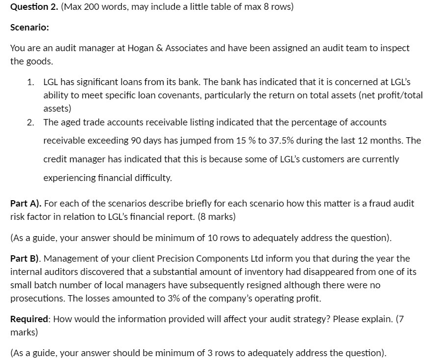 Question 2. (Max 200 words. may include a little table of