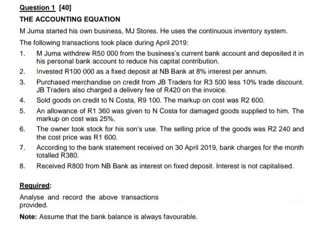  Question 1 [40] THE ACCOUNTING EQUATION M Juma started his own