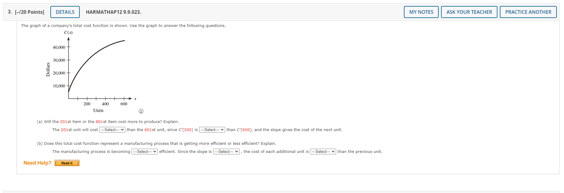 3. [-120 Points] DETAILS HARMATHAP12 9.9.023. The graph of a company's total