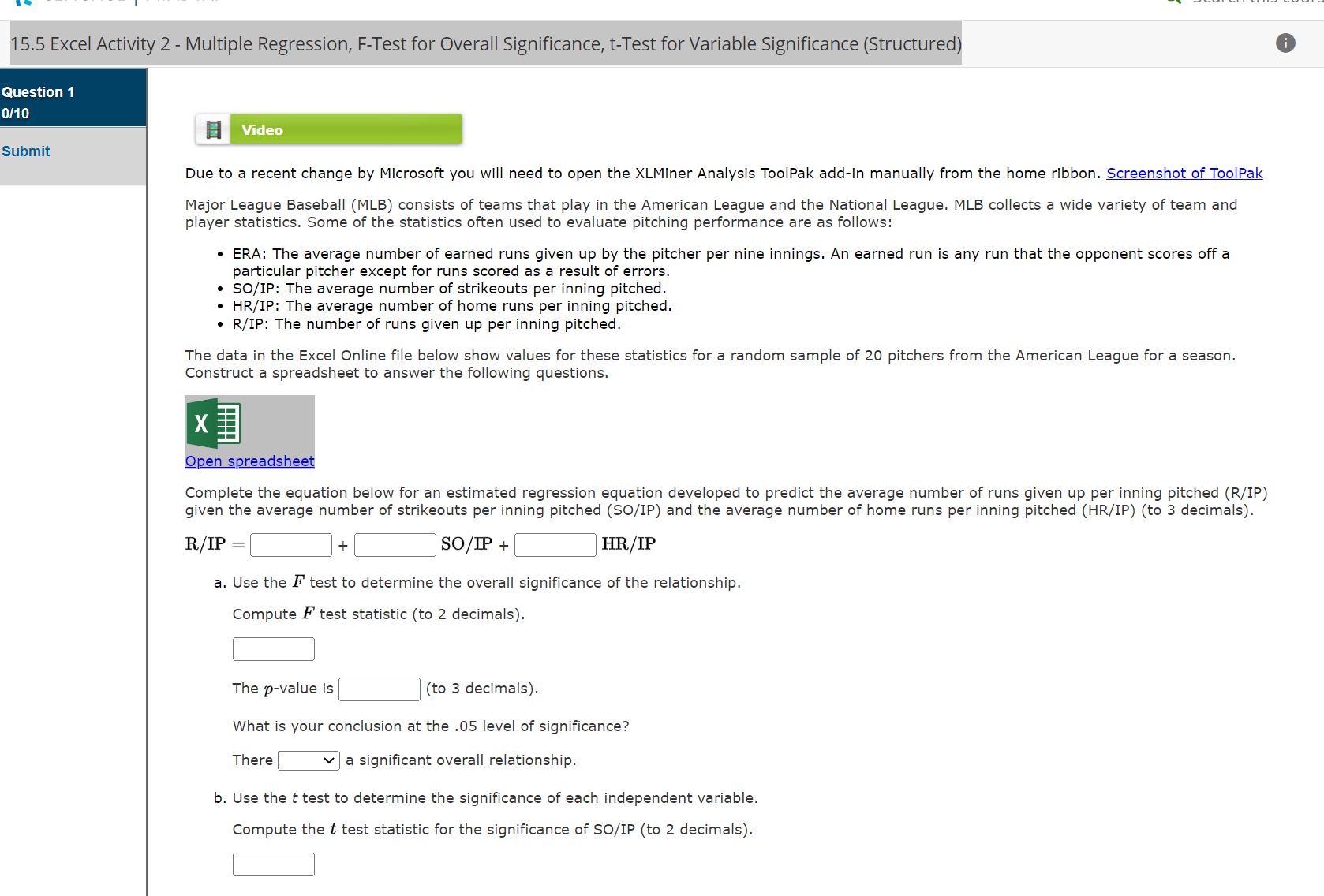 15.5 Excel Activity 2 - Multiple Regression, F-Test for Overall Significance, t-Test