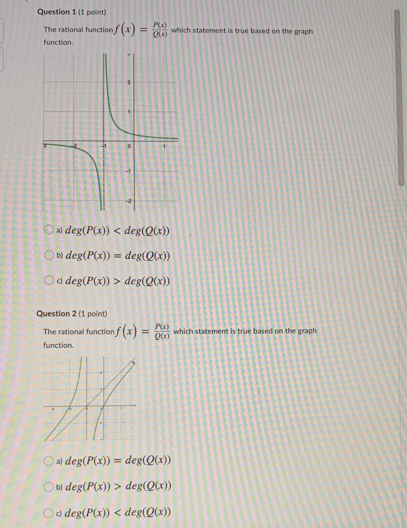  Question 1 (1 point) The rational function f (x) = P(x)