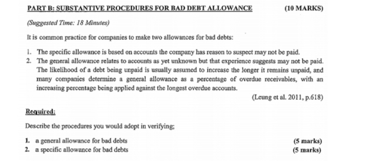 Question is below PART B: SUBSTANTIVE PROCEDURES FOR BAD DEBT ALLOWANCE (10