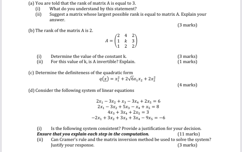 I would like some assistance with some matrix algebra problem (a) You