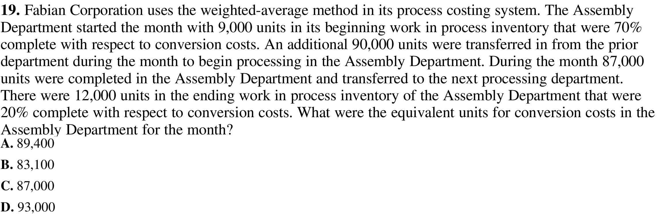  19. Fabian Corporation uses the weightedaverage method in its process costing