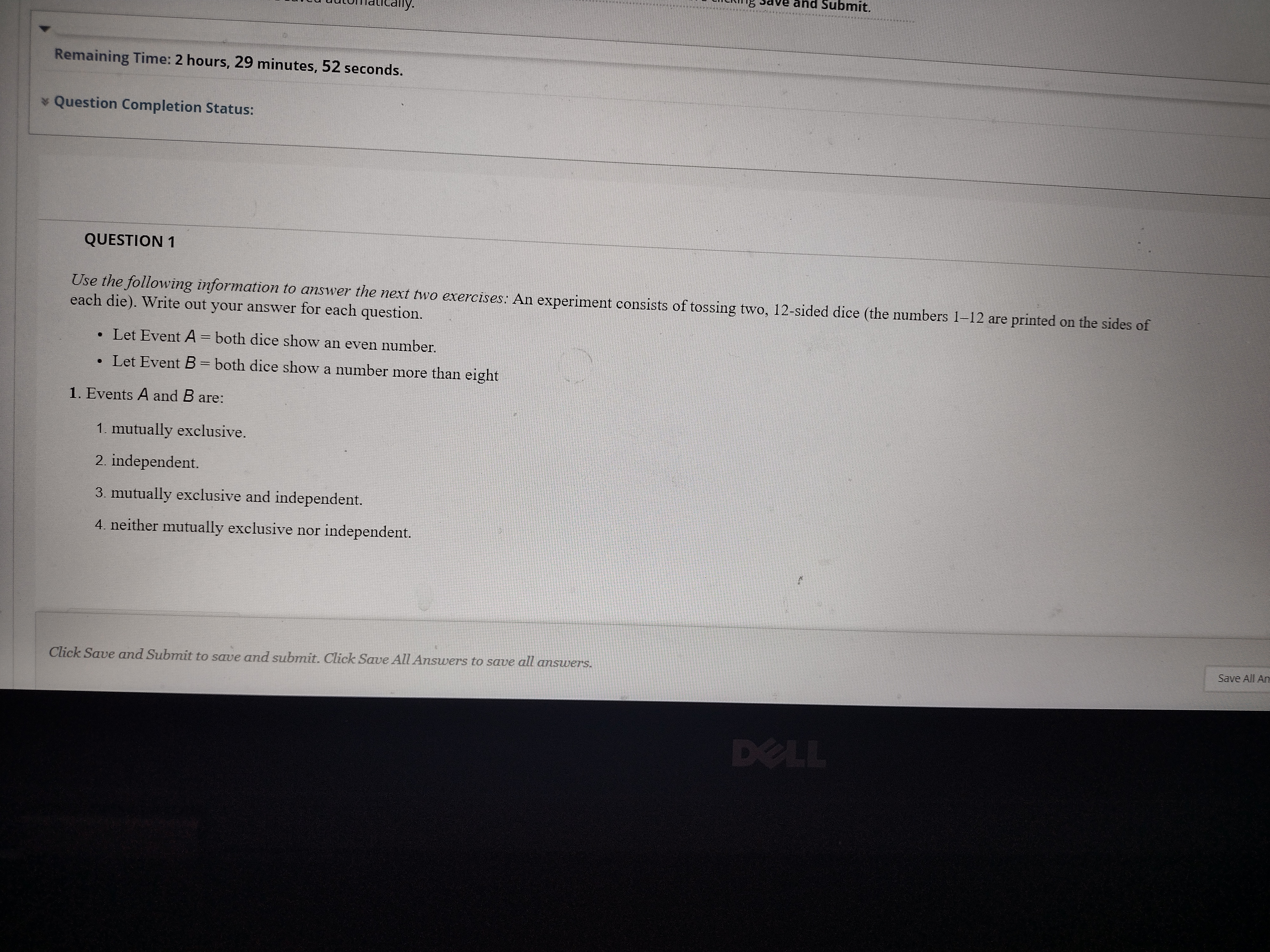  submit. Remaining Time: 2 hours, 29 minutes, 52 seconds. * Question