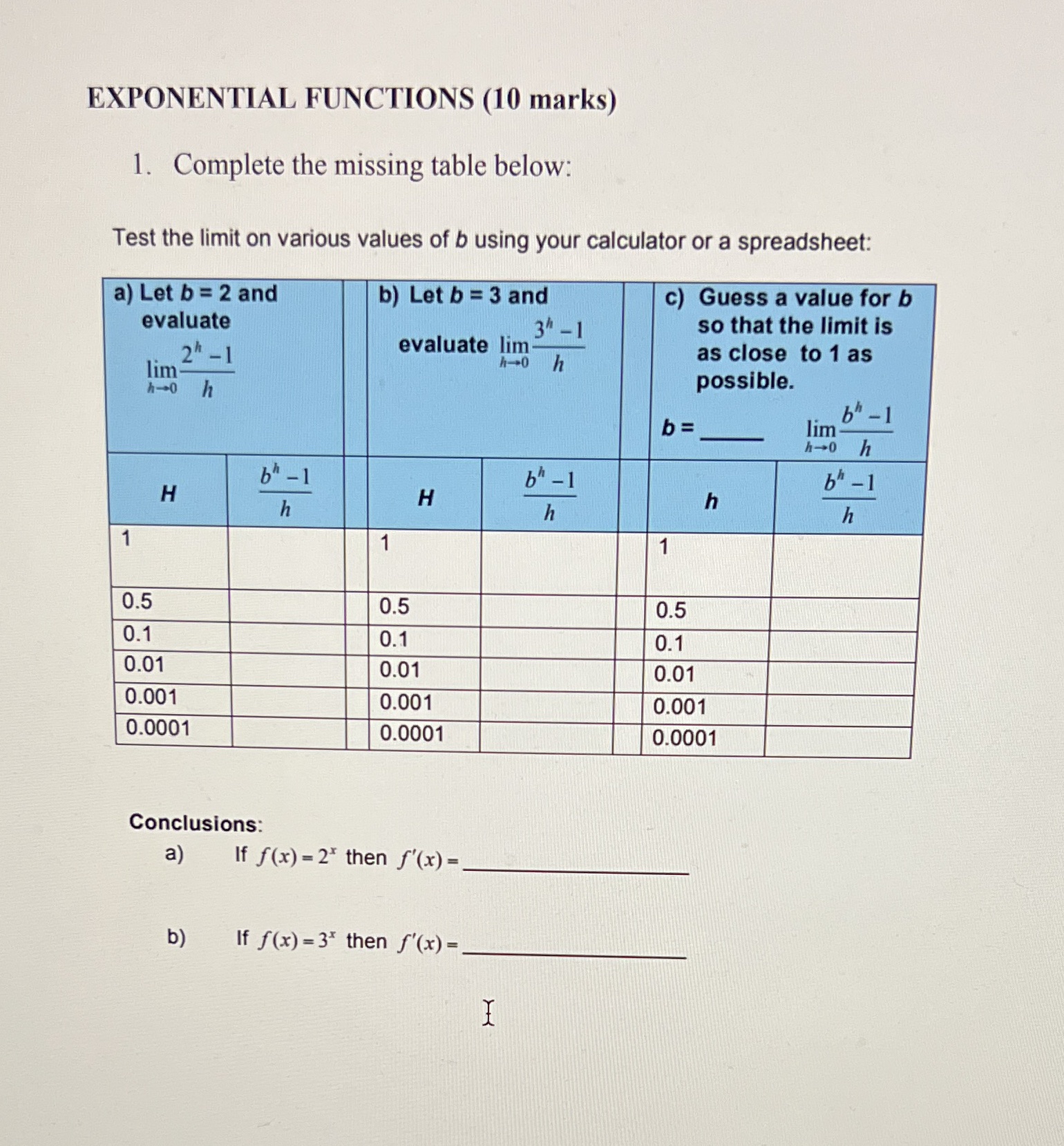 EXPONENTIAL FUNCTIONS (10 marks) 1. Complete the missing table below: Test