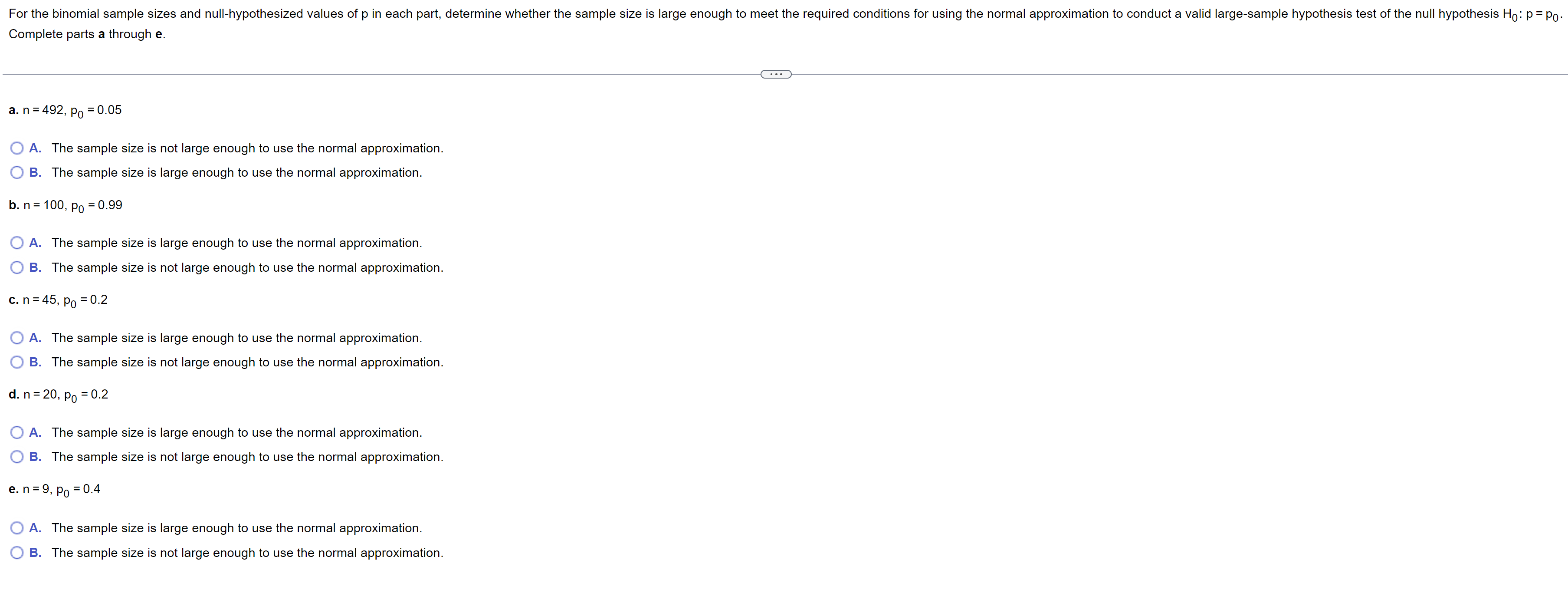  For the binomial sample sizes and null-hypothesized values of p in
