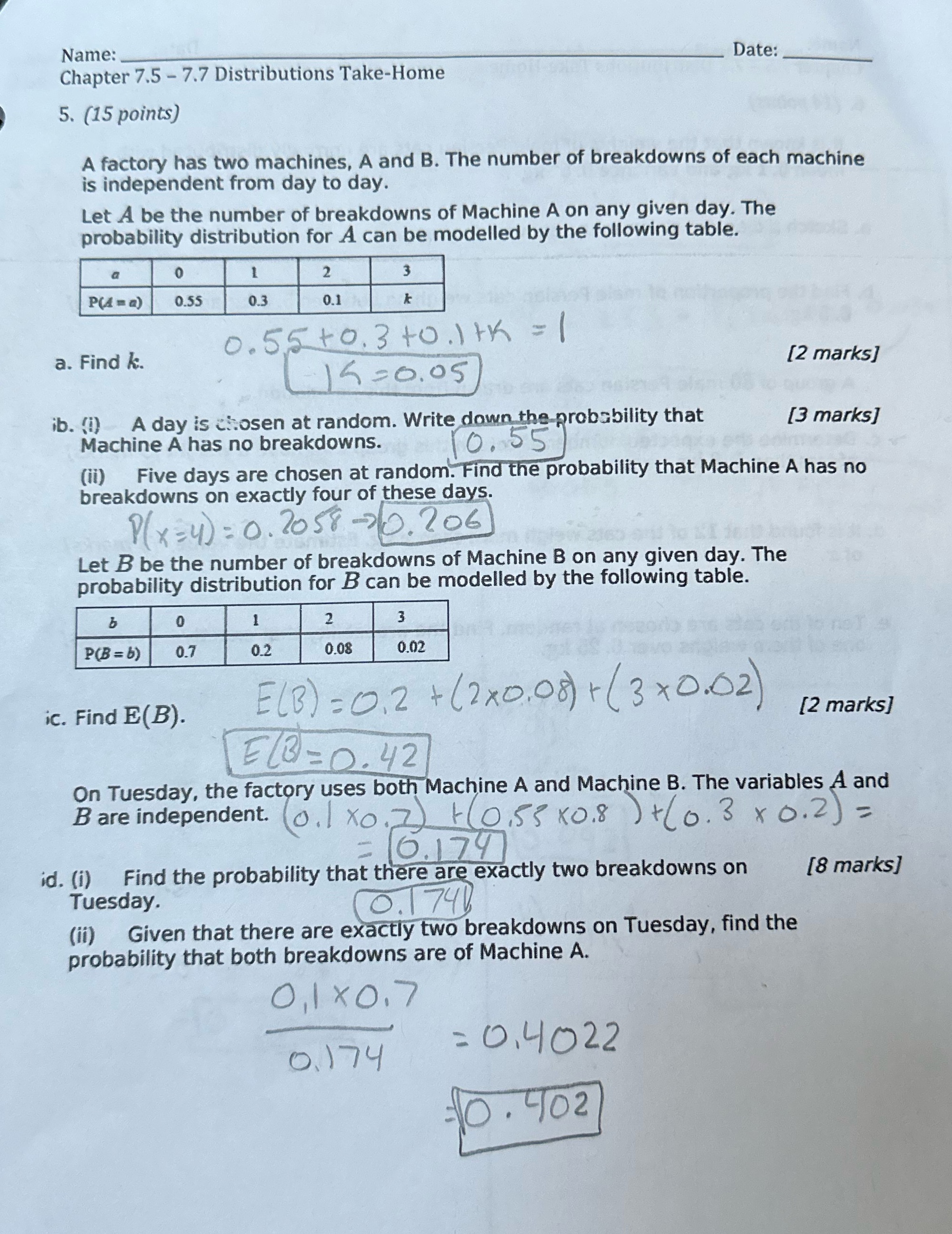  Name: Date: Chapter 7.5 - 7.7 Distributions Take-Home 5. (15 points)