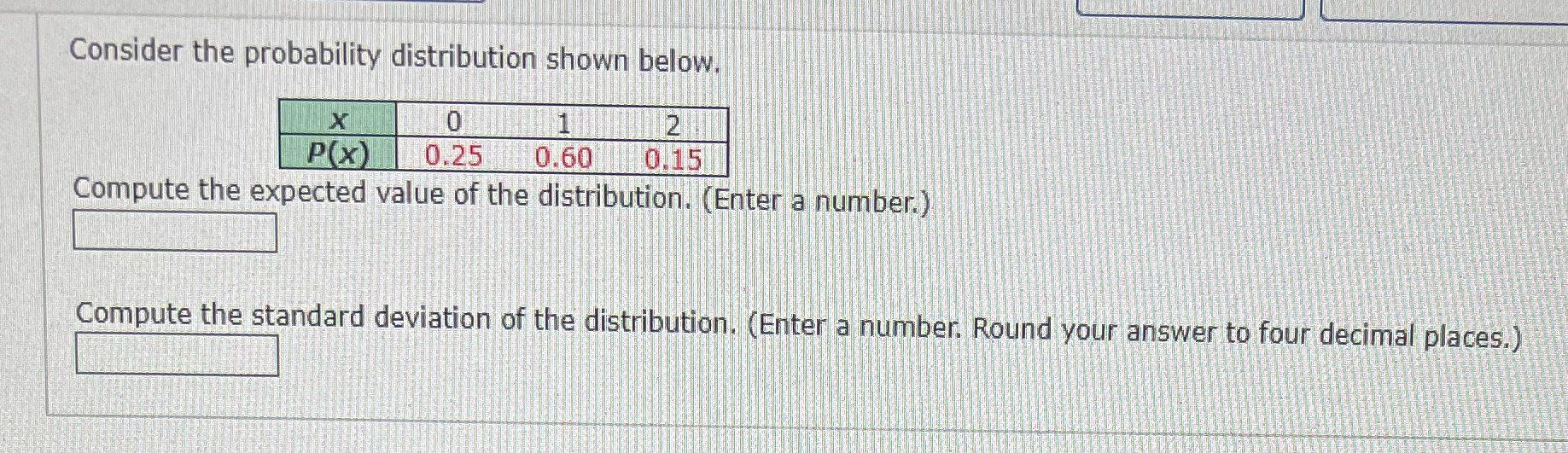  Consider the probability distribution shown below. X 0 12 P(X )