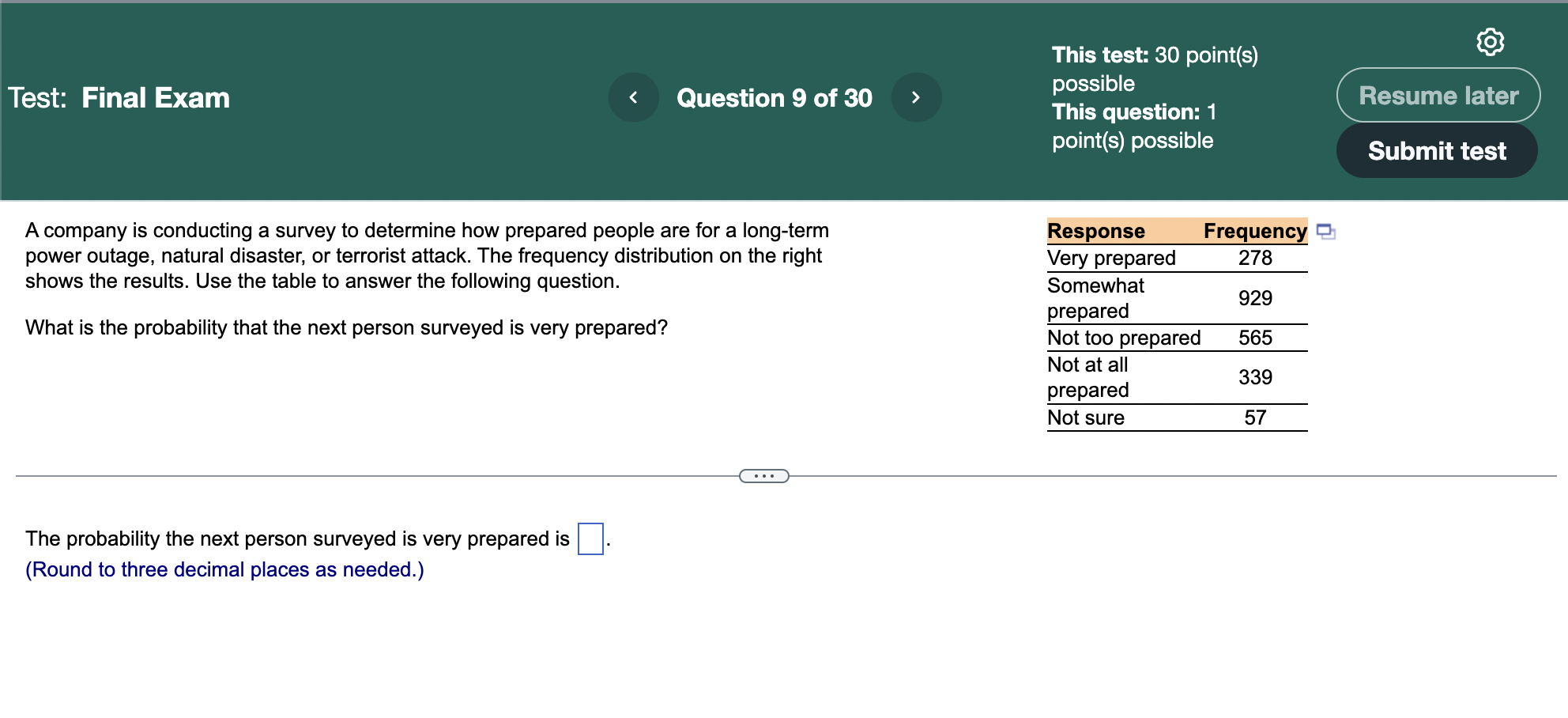  This test: 30 point(s) @ possible This question: 1 point(s) possible