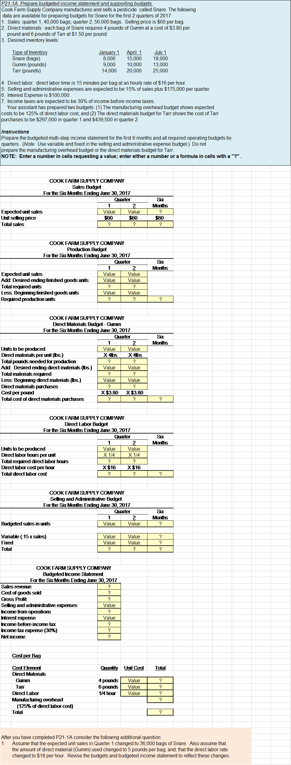Please see below: P21-1A Prepare budgeted income statement and supporting budgets. Cook