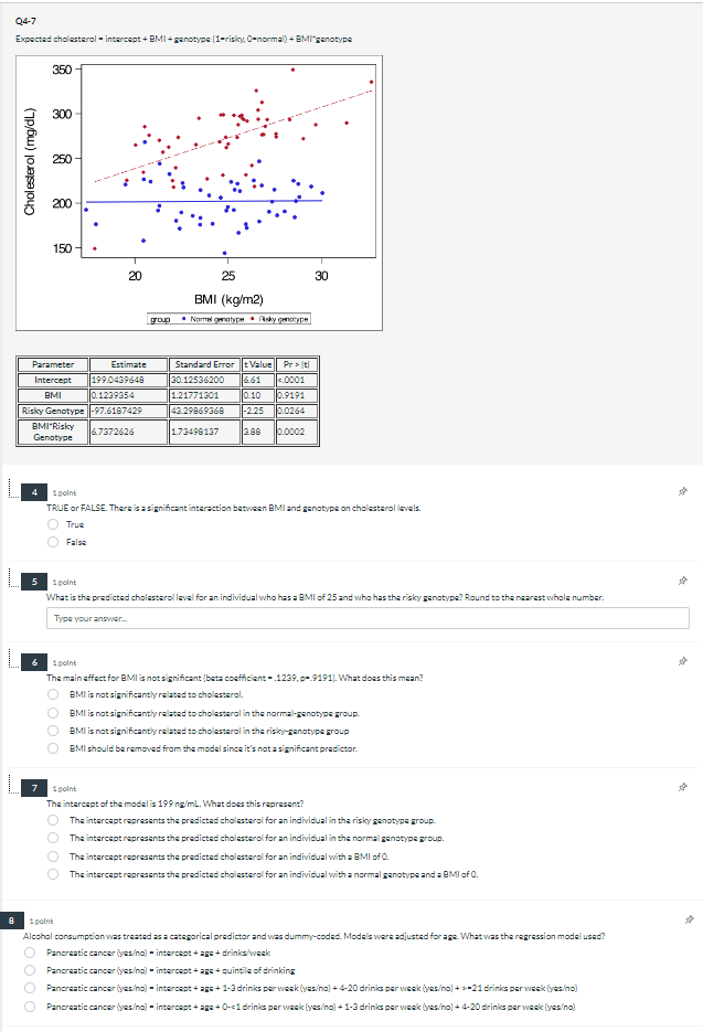  Q4-7 Expected cholesterol = intercept + BMI + genotype [1-risky, 0-normal)
