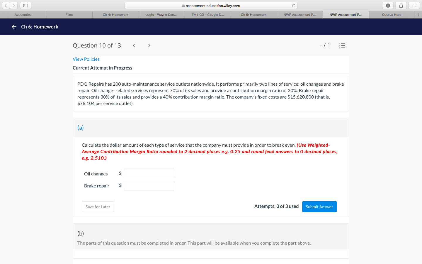 top to bottom! Ch 61 Homework i assessmenteducation.wiley.com Cr Question 10 of