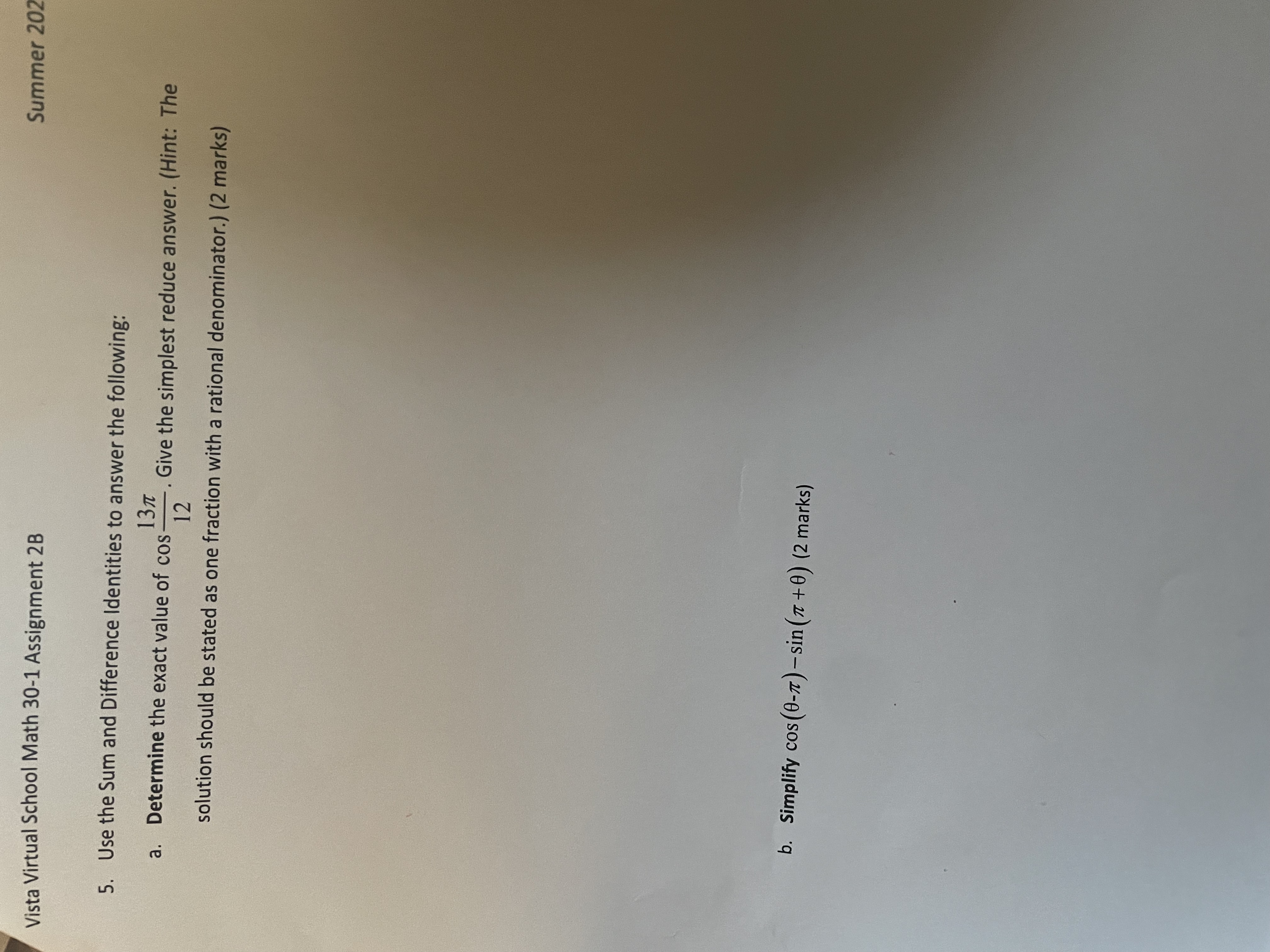  Vista Virtual School Math 30-1 Assignment 2B Summer 202 5. Use