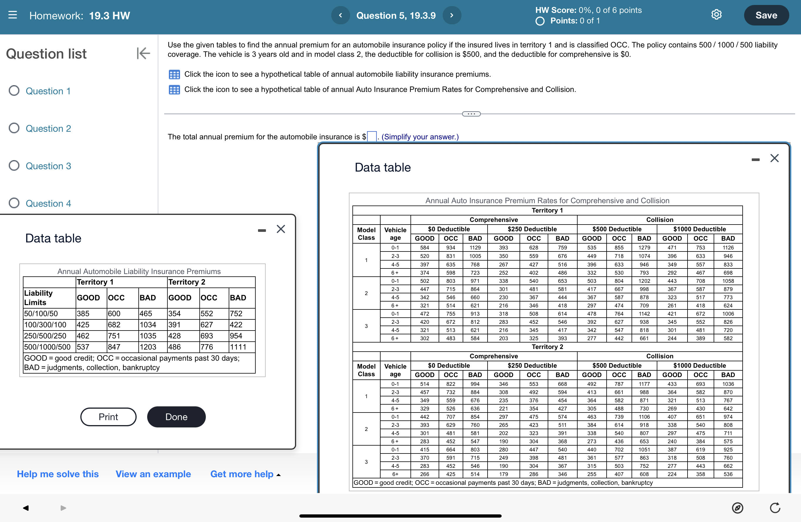 the given tables to nd the total annual insurance premium, Question list