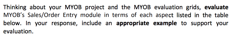 Question: Thinking about your MYOB project and the MYOB evaluation grids, evaluate