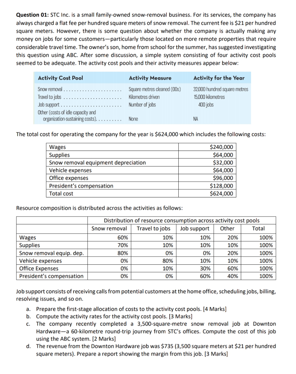 please solve ASAP Question 01: STC Inc. is a small family-owned snow-removal
