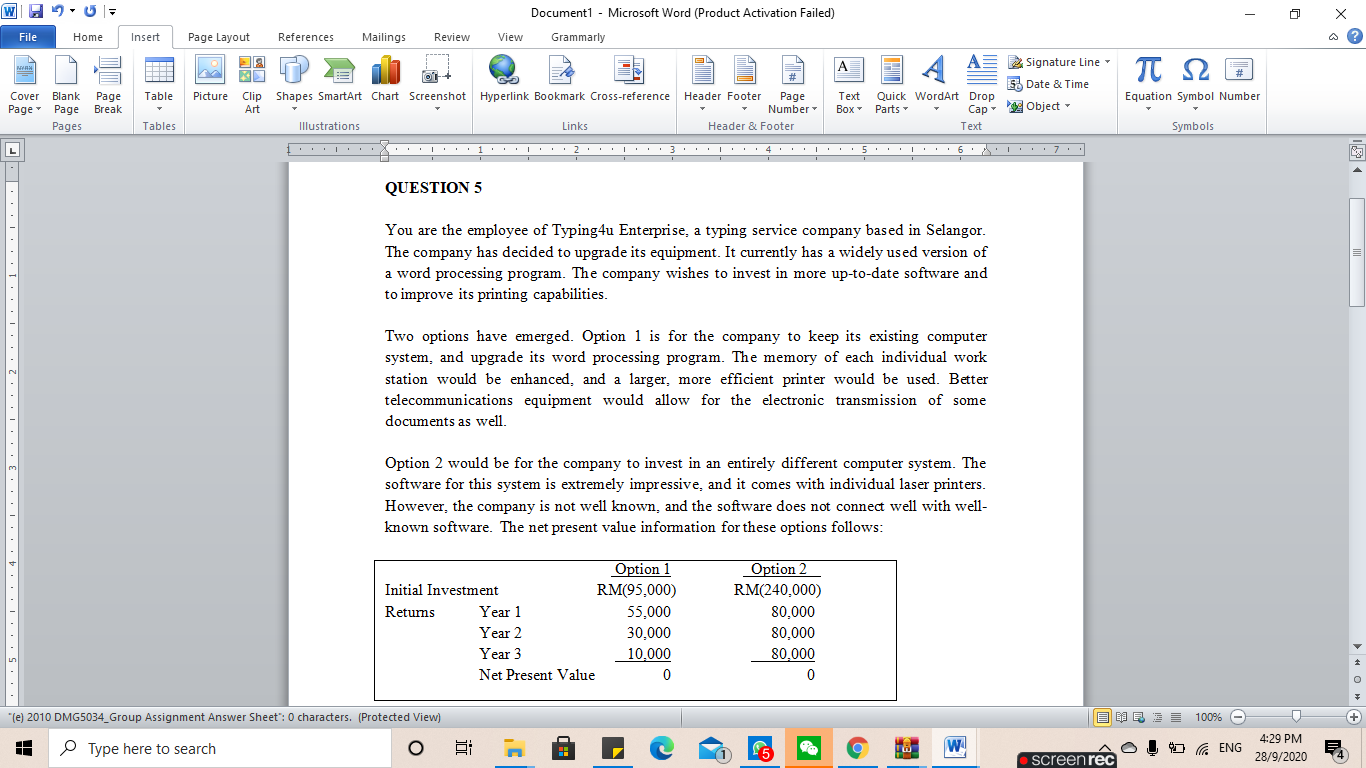  Document1 - Microsoft Word (Product Activation Failed) X File Home Insert