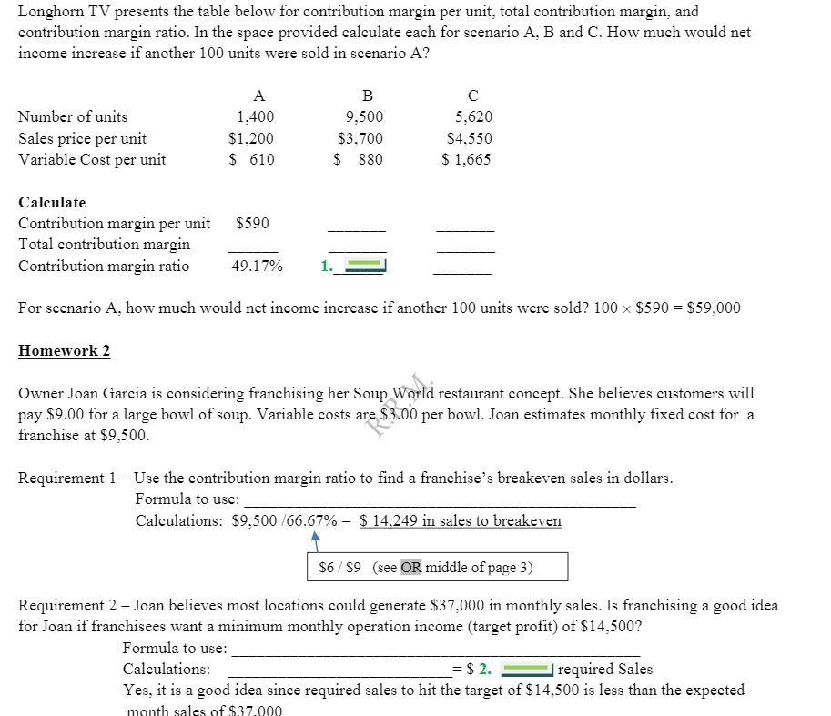  Longhorn TV presents the table below for contribution margin per unit,