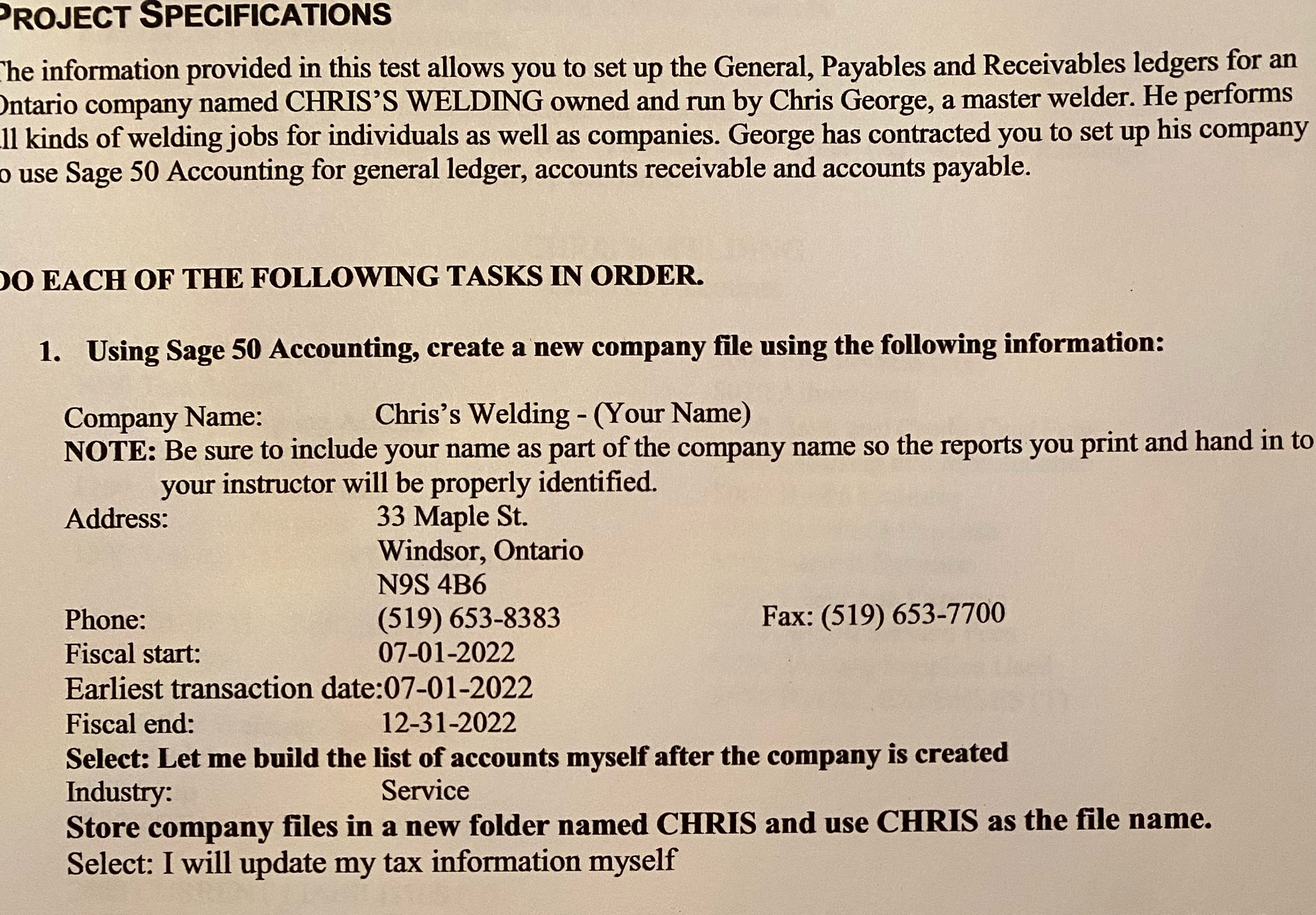  PROJECT SPECIFICATIONS The information provided in this test allows you to