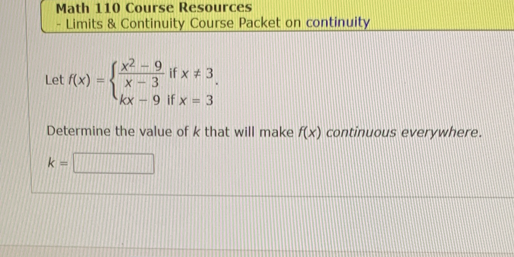  Math 110 Course Resources - Limits & Continuity Course Packet on