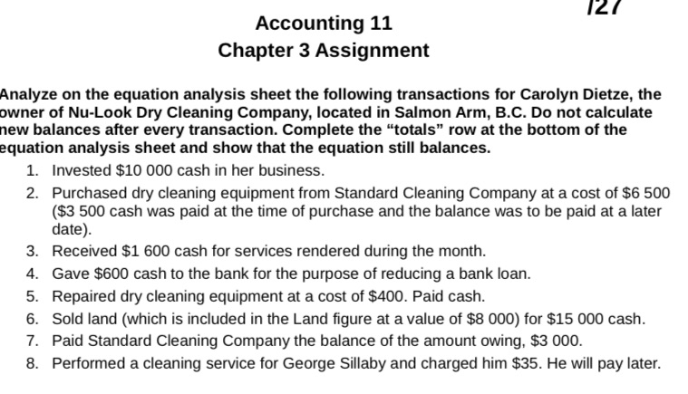  Accounting 11 121 Chapter 3 Assignment Analyze on the equation analysis