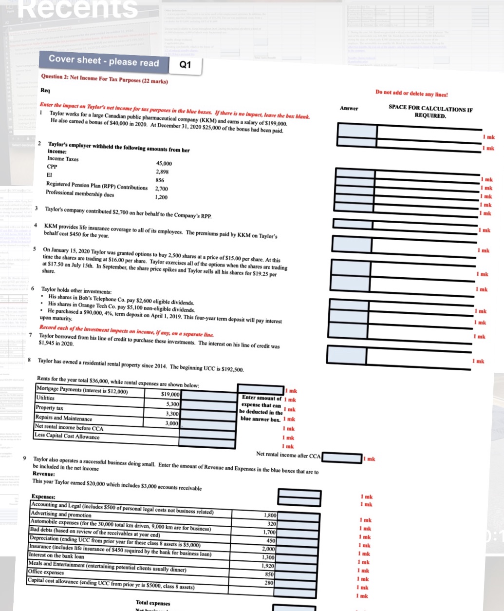 FRecents Cover sheet - please read Q1 Question 2: Net Income
