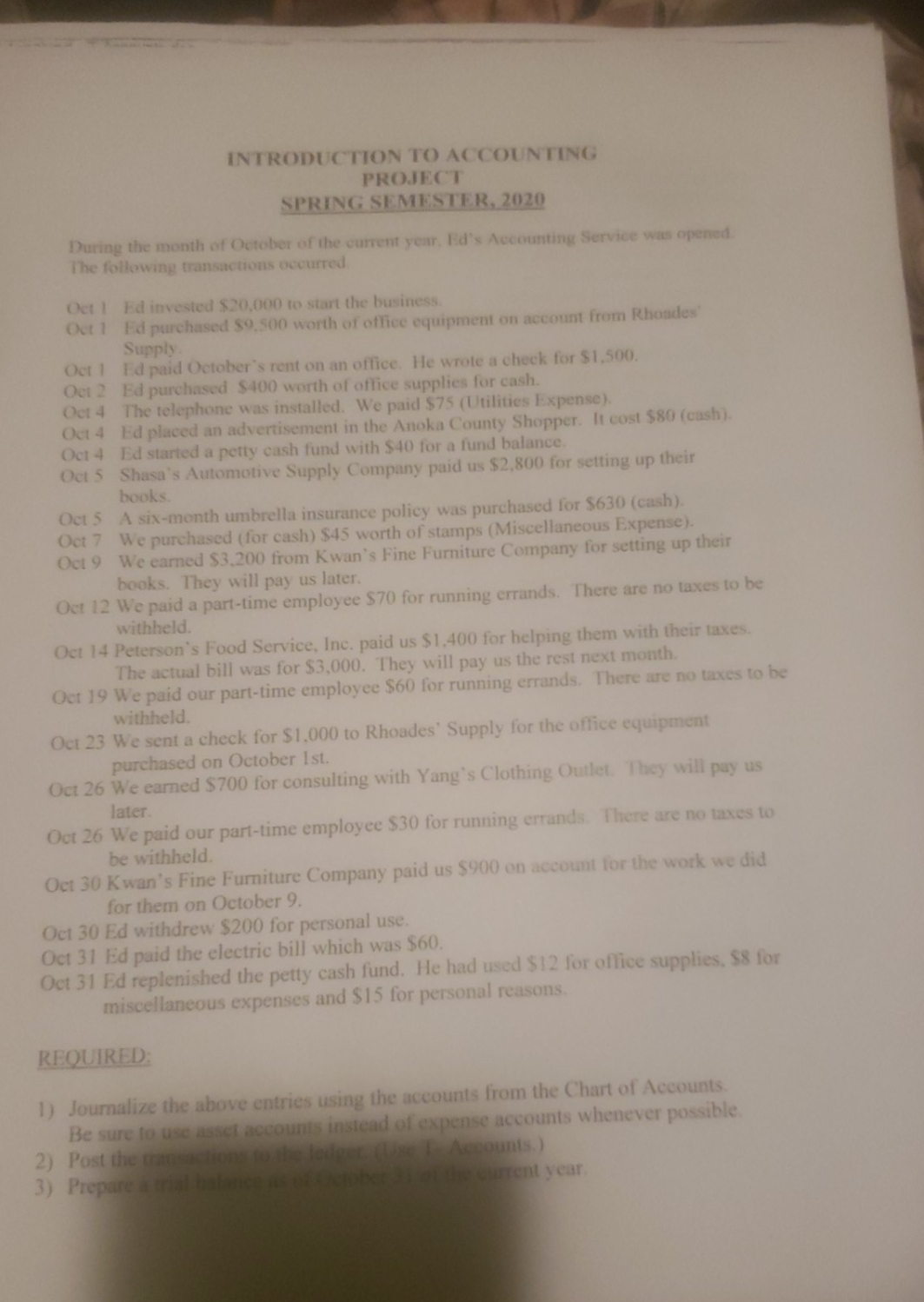 please answer as soon as possible INTRODUCTION TO ACCOUNTING PROJECT SPRING SEMESTER,