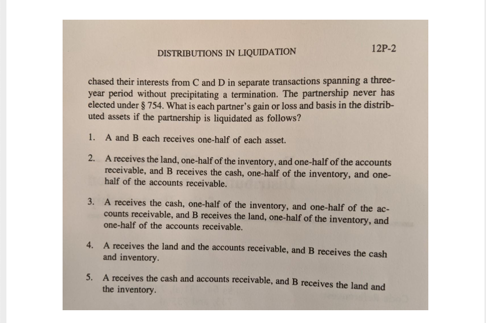 Partnership Code References: $5 64, 731(a), 732(b), 732(c), 733, and 735(a) Regulations: